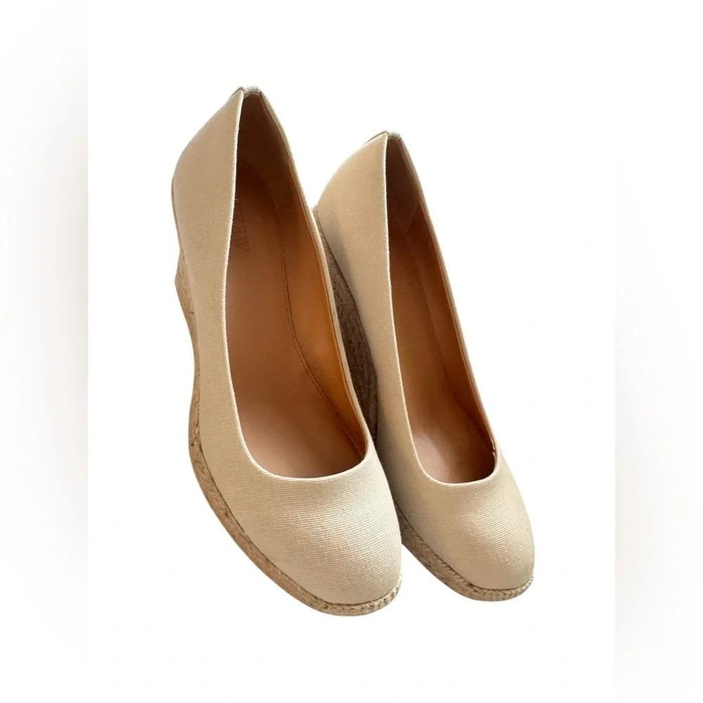 J. Crew Canvas Espadrille Wedge Heels Womens Sz 8.5 Beige Slip On Casual
